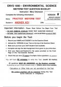 ENVS 1000 – ENVIRONMENTAL SCIENCE MIDTERM TEST  Questions and CORRECT Answers With complete solution (Graded)