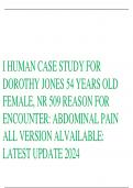 I HUMAN CASE STUDY FOR  DOROTHY JONES 54 YEARS OLD  FEMALE, NR 509 REASON FOR  ENCOUNTER: ABDOMINAL PAIN  ALL VERSION ALVAILABLE:  LATEST UPDATE 2024