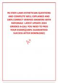  PA STATE LAWS ESTHETICIAN QUESTIONS AND COMPLETE WELL EXPLAINED AND 100% CORRECT VERIFIED ANSWERS WITH RATIONALE  LATEST UPDATE 2024 GRADED A+[ALL YOU NEED TO PASS YOUR EXAMS][100% GUARANTEED SUCCESS AFTER DOWNLOAD]