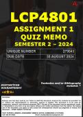 LCP4801 ASSIGNMENT 1 QUIZ MEMO - SEMESTER 2 - 2024 - UNISA - (UNIQUE NUMBER: - 279043 ) INCLUDES 490 PAGE EXTRA MCQ BOOKLET (DISTINCTION GUARANTEED) – DUE DATE : 30 AUGUST 2024. 