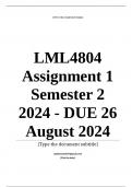 LML4804 Assignment 1 (COMPLETE ANSWERS) Semester 2 2024 - DUE 26 August 2024 ; 100% TRUSTED Complete, trusted solutions and explanations. 