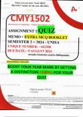 CMY1502 ASSIGNMENT 1 QUIZ MEMO - SEMESTER 2 - 2024 - UNISA - DUE : 9 AUGUST 2024 - UNIQUE NUMBER:-  652388 (DISTINCTION GUARANTEED)