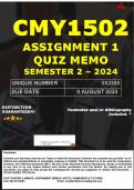 CMY1502 ASSIGNMENT 1 QUIZ MEMO - SEMESTER 2 - 2024 - UNISA - (UNIQUE NUMBER: -652388 ) (DISTINCTION GUARANTEED) – DUE DATE : 9 AUGUST 2024. 