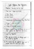 These CBSE Class 10 Science hand-made notes cover **Light: Reflection and Refraction** with key concepts including the laws of reflection and refraction. The notes outline **Reflection**, where light bounces off surfaces, and **Refraction**, the bending o