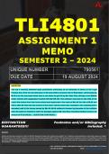 TLI4801 ASSIGNMENT 1 MEMO - SEMESTER 2 - 2024 - UNISA - DUE : 19 AUGUST 2024 - UNIQUE NUMBER:- 790561 ( FULLY REFERENCED WITH FOOTNOTES- DISTINCTION GUARANTEED)