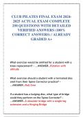 CLUB PILATES FINAL EXAM 2024-2025 ACTUAL EXAM COMPLETE 250 QUESTIONS WITH DETAILED VERIFIED ANSWERS (100% CORRECT ANSWERS) / ALREADY GRADED A+