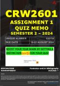 CRW2601 ASSIGNMENT 1 QUIZ MEMO - SEMESTER 2 - 2024 - UNISA - (UNIQUE NUMBER: - 830750) (DISTINCTION GUARANTEED) – DUE DATE : 19- 22 AUGUST 2024