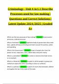 Criminology - Unit 4 Ac1.1 Describe Processes used for law making | Questions and Correct Solutions | Latest Update 2024/2025 | Graded A+