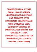  CHAMPIONS REAL ESTATE EXAM: LAW OF AGENCY UPDATED EXAM QUESTIONS AND ANSWERS WITH RATIONALES COMPLETE AND WELL EXPLAINED 100% CORRECTLY VERIFIED BY EXPERTS LATEST UPDATE 2024 GRADED A+  100% GUARANTEED SUCCESS AFTER DOWNLOAD (ALL YOU NEED TO PASS YOUR EX