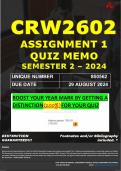 CRW2602 ASSIGNMENT 1 QUIZ MEMO - SEMESTER 2 - 2024 - UNISA - (UNIQUE NUMBER: 850562 (DISTINCTION GUARANTEED) – DUE DATE : 29 AUGUST 2024. 