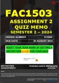 FAC1503 ASSIGNMENT 2 QUIZ MEMO - SEMESTER 2 - 2024 - UNISA - (UNIQUE NUMBER: 615909 (DISTINCTION GUARANTEED) – DUE DATE : 29 AUGUST 2024. 