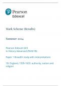 Mark Scheme (Results) Summer 2024 Pearson Edexcel GCE In History Advanced (9HI0/1B) Paper 1 Breadth study with interpretations 1B: England, 1509-1603: authority, nation and religion