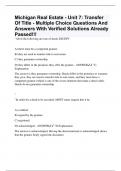 Michigan Real Estate - Unit 7: Transfer Of Title - Multiple Choice Questions And Answers With Verified Solutions Already Passed!!!