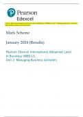 Pearson Edexcel International Advanced Level In Business (WBS12) Unit 2: Managing Business Activities Mark Scheme January 2024 (Results)