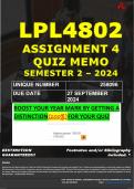 LPL4802 ASSIGNMENT 4 QUIZ MEMO - SEMESTER 2 - 2024 - UNISA - (UNIQUE NUMBER: - 258096) (DISTINCTION GUARANTEED) – DUE DATE : 27 SEPTEMBER 2024. 