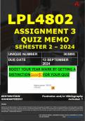 LPL4802 ASSIGNMENT 3 QUIZ MEMO - SEMESTER 2 - 2024 - UNISA - (UNIQUE NUMBER: - 303895) (DISTINCTION GUARANTEED) – DUE DATE : 13 SEPTEMBER 2024. 