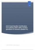 AAA Food Handler Certification Test (2024) || With 100% Verified Questions & Answers (Rated A+)