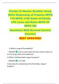 Florida LP Master Qualifier Exam  {Safe Dispensing of Propane NFPA  110 NFPA 1192 State of Florida  LPG Laws and Rules NFPA 54  NFPA 58}   Questions With Revised Correct  Answers   BEST UPDATED!! 