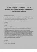 PLATO English 12 Semester 1 End of Semester Test Exam Questions With Correct And Revised Answers.