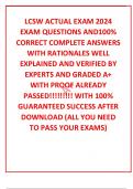 LCSW ACTUAL EXAM 2024 EXAM QUESTIONS AND100% CORRECT COMPLETE ANSWERS WITH RATIONALES WELL EXPLAINED AND VERIFIED BY EXPERTS AND GRADED A+ WITH PROOF ALREADY PASSED!!!!!!!!! WITH 100% GUARANTEED SUCCESS AFTER DOWNLOAD (ALL YOU NEED TO PASS YOUR EXAMS)