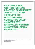 CNA FINAL EXAM,  WRITTEN TEST AND  PRACTICE EXAM NEWEST  2024 ACTUAL EXAM  COMPLETE 400  QUESTIONS AND  CORRECT DETAILED  ANSWERS WITH  RATIONALES (VERIFIED  ANSWERS) |ALREADY  GRADED A+