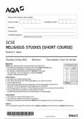 AQA GCSE Religious Studies (Short Course) 8061 paper 3 question paper ReligiousStudies  16May 2024