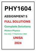 PHY1604 Assignment 5 Complete Solutions UNISA 2024 Modern Physics Due date 17 September 2024 