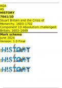 AQA  AS HISTORY 7041/1D Stuart Britain and the Crisis of Monarchy, 1603–1702 Component 1D Absolutism challenged: Britain, 1603–1649 Mark scheme June 2024 Version: 1.0 Final