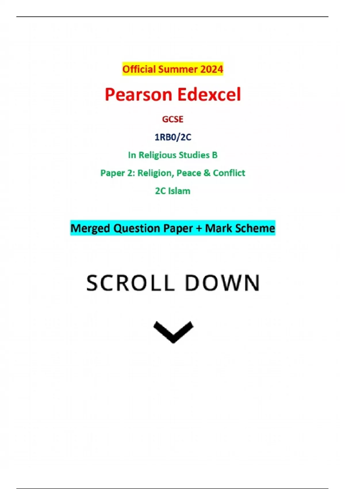 Official Summer 2024 Pearson Edexcel GCSE 1RB0/2C In Religious Studies ...