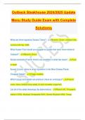 Outback Steakhouse 2024/2025 Update Menu Study Guide Exam with Complete Solutioms What are three signature Aussie-Tizers? - Bloomin' Onion, cheese fries, coconut shrimp, GSB What Aussie-Tizer would you suggest to guests that have never dined at Outback