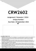 CRW2602 Assignment 2 (ANSWERS) Semester 2 2024 - DISTINCTION GUARANTEED