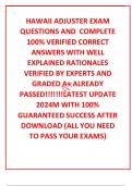 HAWAII ADJUSTER EXAM QUESTIONS AND  COMPLETE 100% VERIFIED CORRECT ANSWERS WITH WELL EXPLAINED RATIONALES VERIFIED BY EXPERTS AND GRADED A+ ALREADY PASSED!!!!!!!LATEST UPDATE 2024M WITH 100% GUARANTEED SUCCESS AFTER DOWNLOAD (ALL YOU NEED TO PASS YOUR EXA