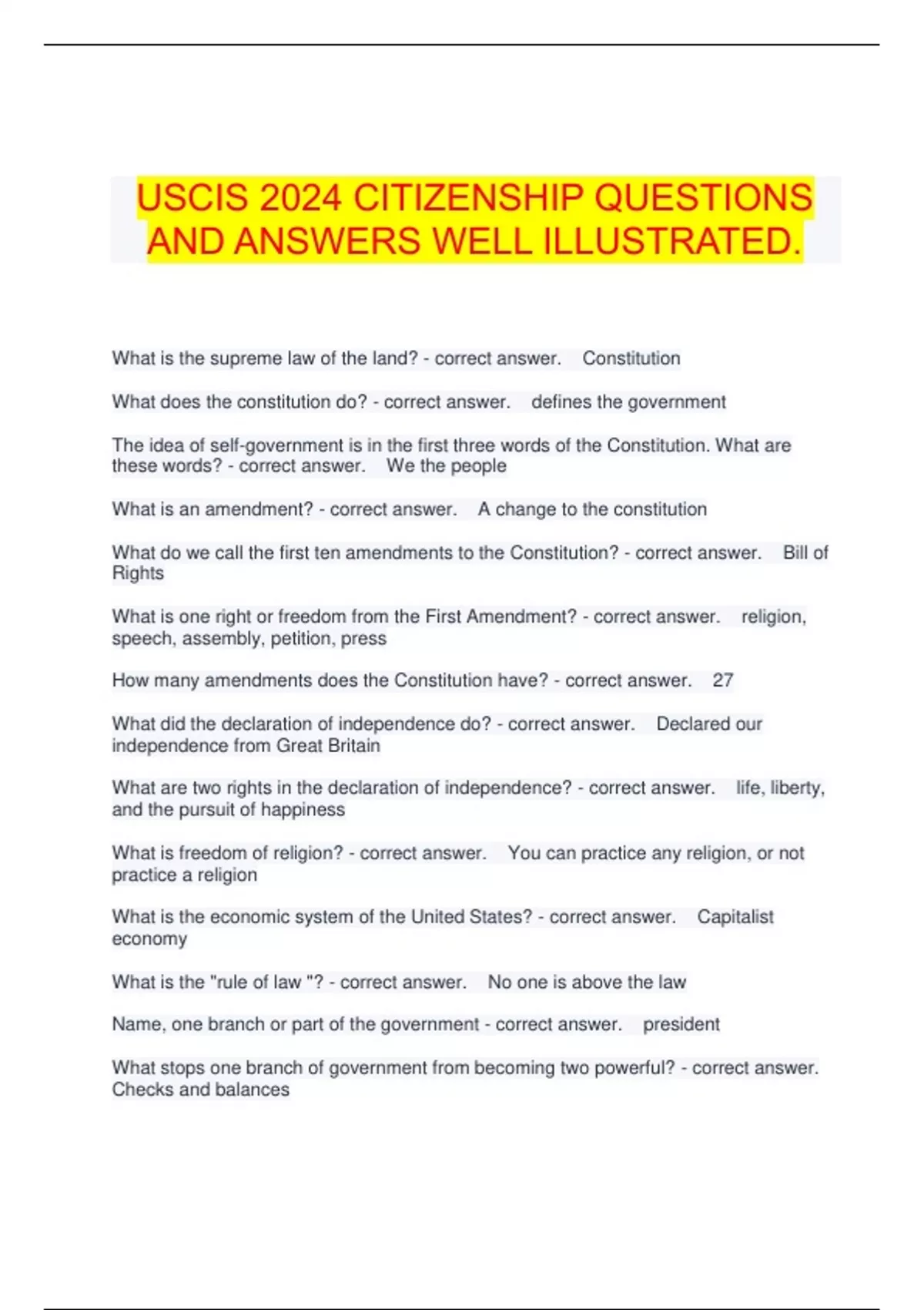 USCIS 2024 CITIZENSHIP QUESTIONS AND ANSWERS WELL ILLUSTRATED. USCIS