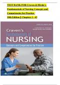 TEST BANK FOR Craven & Hirnle's  Fundamentals of Nursing Concepts and  Competencies for Practice  10th Edition | Chapters 1 - 43