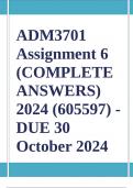 ADM3701 Assignment 6 (COMPLETE ANSWERS) 2024 (605597) - DUE 30 October 2024 ; 100% TRUSTED Complete, trusted solutions and explanations Ensure your success with us.. 