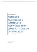 ADM3701 Assignment 6 (COMPLETE ANSWERS) 2024 (605597) - DUE 30 October 2024 ; 100% TRUSTED Complete, trusted solutions and explanations  Ensure your success with us