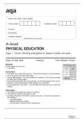 aqa A-level PHYSICAL EDUCATION Paper 1  Factors affecting participation in physical activity and sport(7582 -1) Question Paper  June 2024 