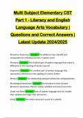 Multi Subject Elementary CST Part 1 - Literacy and English Language Arts Vocabulary | Questions and Correct Answers | Latest Update 2024/2025