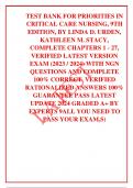 TEST BANK FOR PRIORITIES IN CRITICAL CARE NURSING, 9TH EDITION, BY LINDA D. URDEN, KATHLEEN M. STACY, COMPLETE CHAPTERS 1 - 27, VERIFIED LATEST VERSION EXAM (2023 / 2024) WITH NGN QUESTIONS AND COMPLETE 100% CORRECT  VERIFIED RATIONALIZED ANSWERS 100% GUA