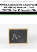 FIN3702 Assignment 2 (ANSWERS) Semester 2 2024 (215721)- DUE 30 September 2024 ; 100% TRUSTED Complete, trusted solutions and explanations. UNISA