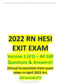 Exam (elaborations) 2022 RN HESI EXIT Version 1 (V1) – All 160 Q&Answers Actual exam for april2022