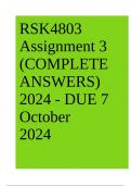 RSK4803 Assignment 3 (COMPLETE ANSWERS) 2024 - DUE 7 October  2024