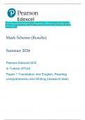 Pearson Edexcel GCE In Turkish (9TU0) Paper 1 Translation into English,  Reading comprehension and Writing (research task) Mark Scheme (Results)  Summer 2024 