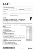 AQA GCSE  COMBINED SCIENCE: SYNERGY  Foundation Tier Paper 4 Physical Sciences JUNE 2024