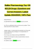 ReMar Pharmacology Top 100 NCLEX Drugs | Questions and Correct Answers | Latest Update 2024/2025 | 100% Pass