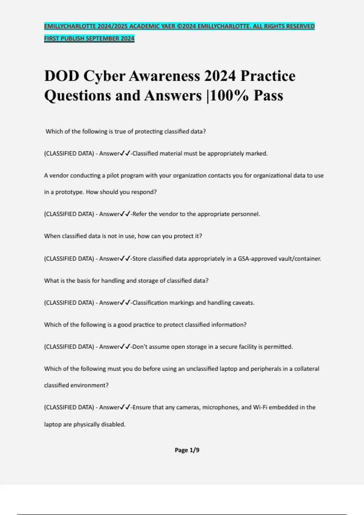 DOD Cyber Awareness 2024 Practice Questions and Answers 100 Pass