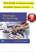 TEST BANK for Human Learning  8th Edition Ormrod, CHAPTER 1 - 15 