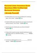 Personal Lines Insurance Exam  Questions With Verified And  Reviewed Answers   | Already Passed!! 