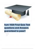 hum 1020 Final Quiz Test questions and Answers guaranteed to pass!!