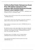 California Real Estate Salesperson Exam Prep 24th Edition Questions And Answers With Verified Solutions Already Passed Latest Updated 2024